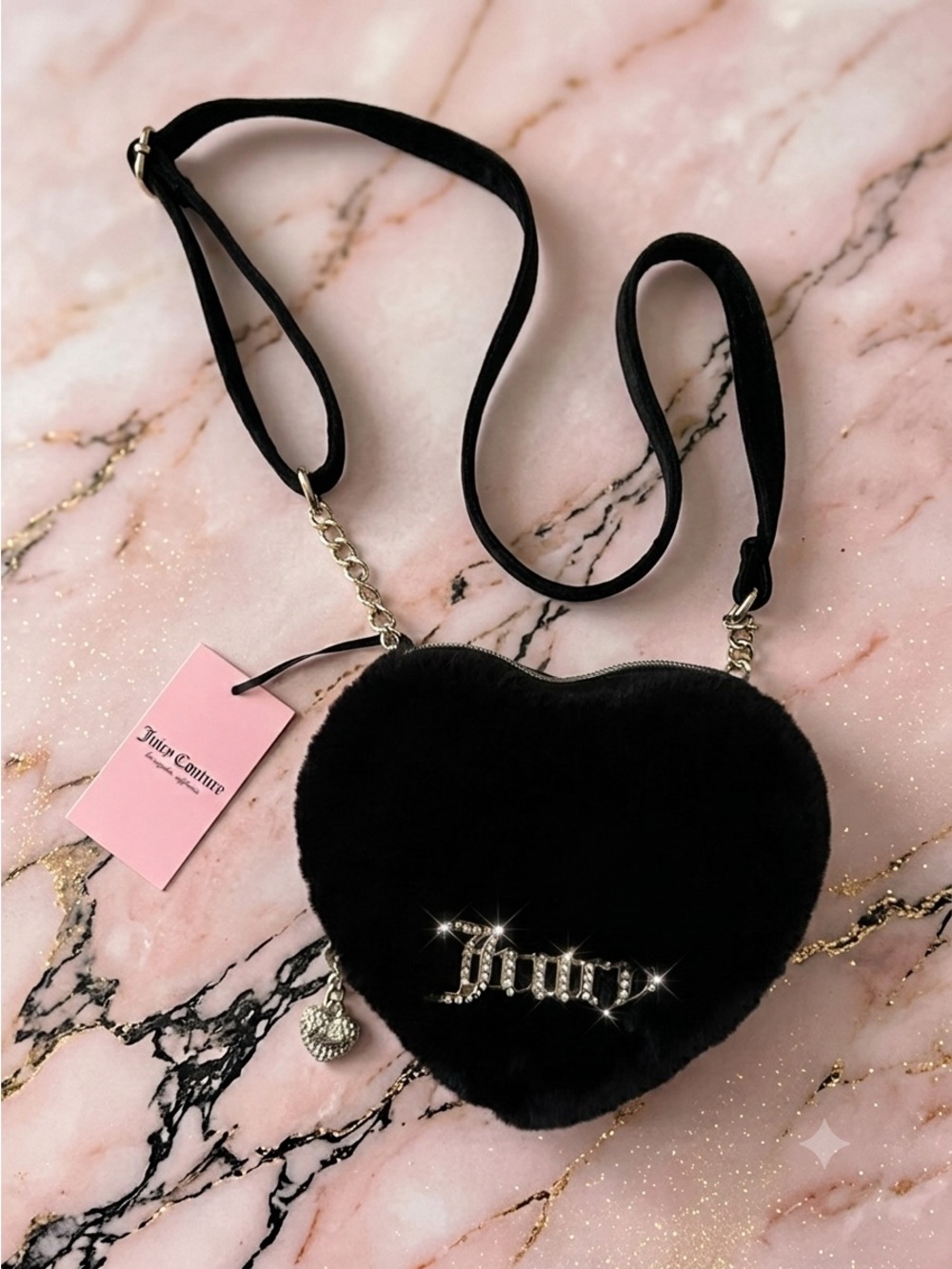 Juicy Couture Heart Crossbody Bag Fluffy Faux Fur Black Licorice NWT Rhinestone